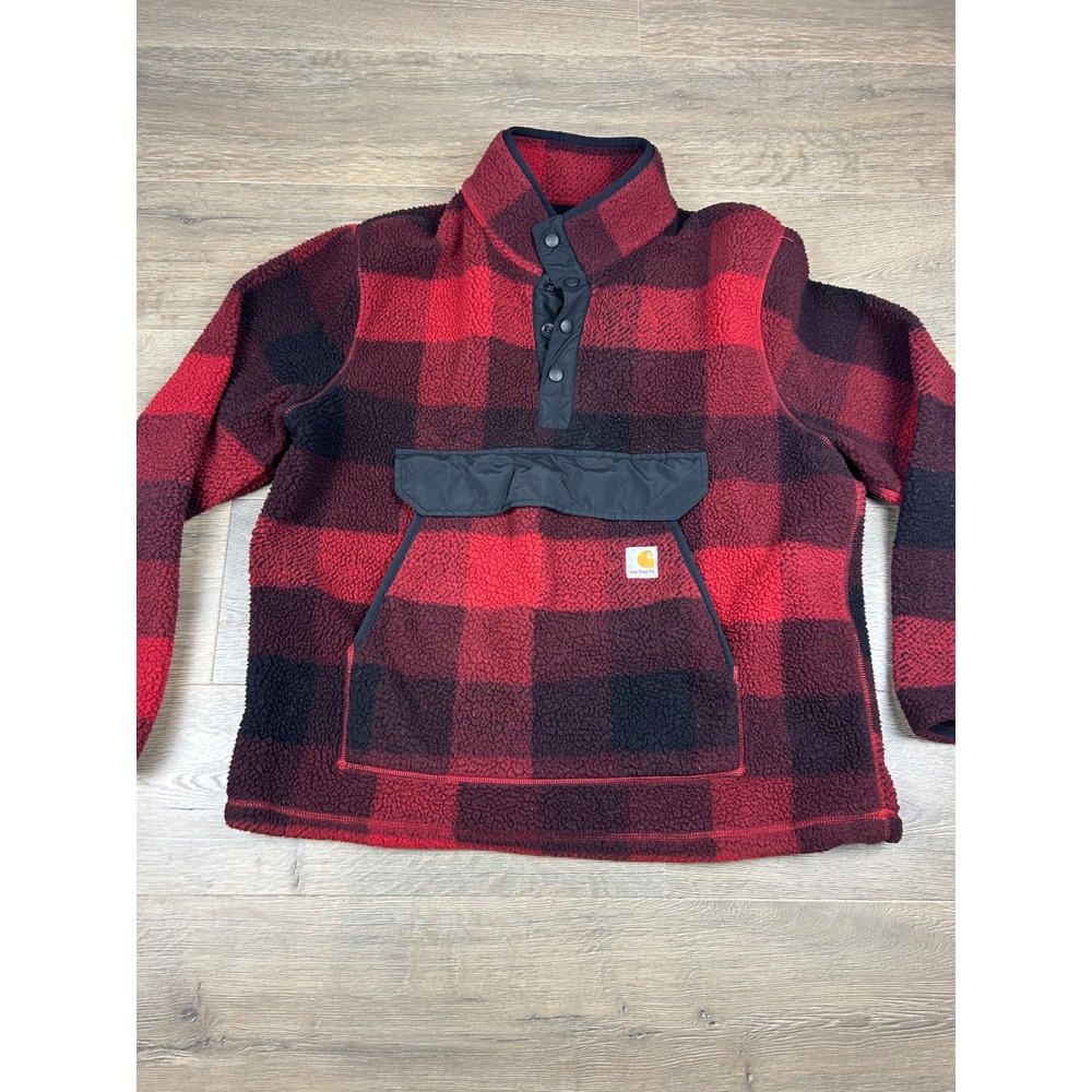 Carhartt Mens OJ4991-M Relaxed Fit Sherpa Fleece Anorak Buffalo Plaid Red Black